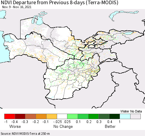 Central Asia NDVI Departure from Previous 8-days (Terra-MODIS) Thematic Map For 11/9/2021 - 11/16/2021