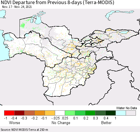 Central Asia NDVI Departure from Previous 8-days (Terra-MODIS) Thematic Map For 11/17/2021 - 11/24/2021