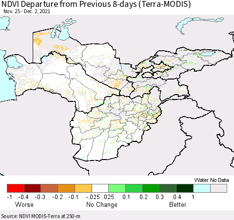 Central Asia NDVI Departure from Previous 8-days (Terra-MODIS) Thematic Map For 11/25/2021 - 12/2/2021