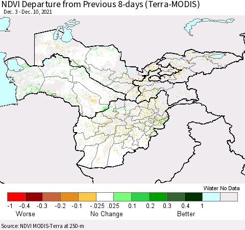 Central Asia NDVI Departure from Previous 8-days (Terra-MODIS) Thematic Map For 12/3/2021 - 12/10/2021