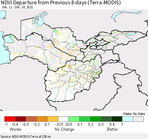 Central Asia NDVI Departure from Previous 8-days (Terra-MODIS) Thematic Map For 12/11/2021 - 12/18/2021