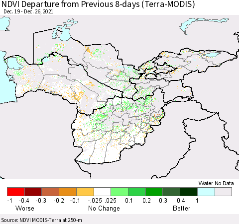 Central Asia NDVI Departure from Previous 8-days (Terra-MODIS) Thematic Map For 12/19/2021 - 12/26/2021