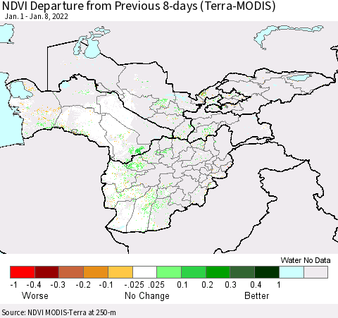 Central Asia NDVI Departure from Previous 8-days (Terra-MODIS) Thematic Map For 1/1/2022 - 1/8/2022