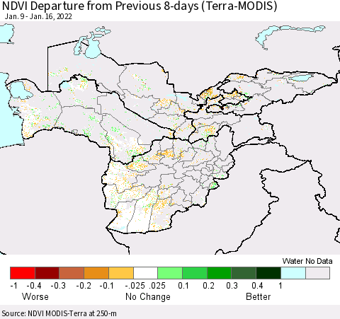 Central Asia NDVI Departure from Previous 8-days (Terra-MODIS) Thematic Map For 1/9/2022 - 1/16/2022