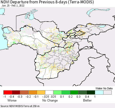 Central Asia NDVI Departure from Previous 8-days (Terra-MODIS) Thematic Map For 1/25/2022 - 2/1/2022