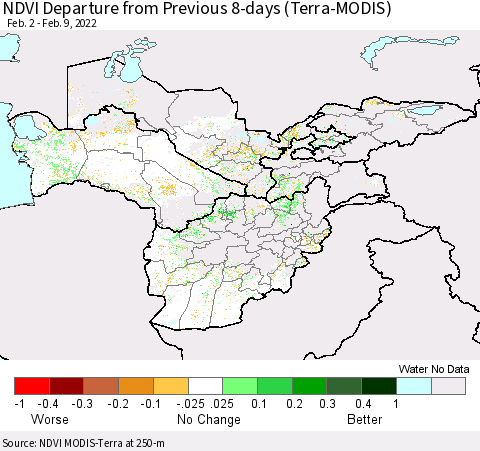 Central Asia NDVI Departure from Previous 8-days (Terra-MODIS) Thematic Map For 2/2/2022 - 2/9/2022