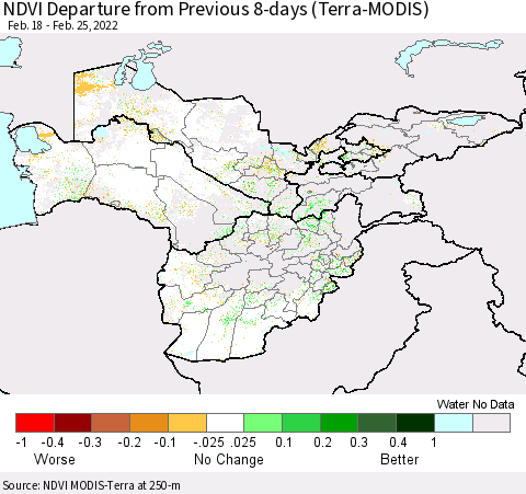 Central Asia NDVI Departure from Previous 8-days (Terra-MODIS) Thematic Map For 2/18/2022 - 2/25/2022