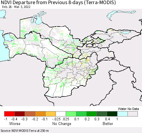 Central Asia NDVI Departure from Previous 8-days (Terra-MODIS) Thematic Map For 2/26/2022 - 3/5/2022