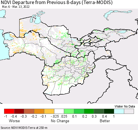 Central Asia NDVI Departure from Previous 8-days (Terra-MODIS) Thematic Map For 3/6/2022 - 3/13/2022
