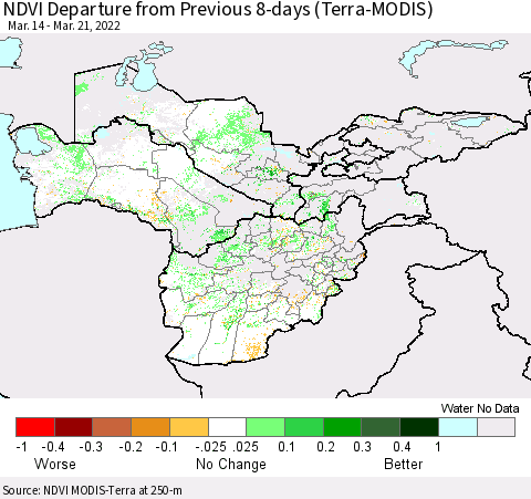 Central Asia NDVI Departure from Previous 8-days (Terra-MODIS) Thematic Map For 3/14/2022 - 3/21/2022