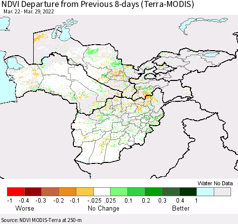 Central Asia NDVI Departure from Previous 8-days (Terra-MODIS) Thematic Map For 3/22/2022 - 3/29/2022