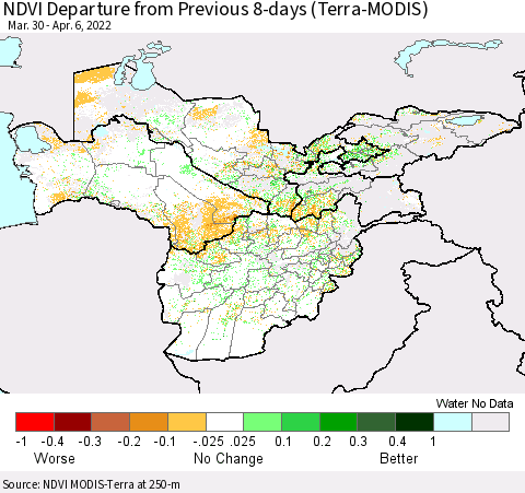 Central Asia NDVI Departure from Previous 8-days (Terra-MODIS) Thematic Map For 3/30/2022 - 4/6/2022