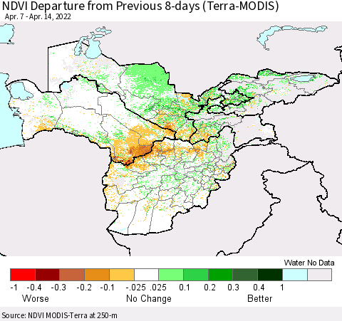 Central Asia NDVI Departure from Previous 8-days (Terra-MODIS) Thematic Map For 4/7/2022 - 4/14/2022