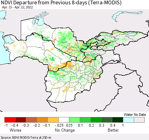 Central Asia NDVI Departure from Previous 8-days (Terra-MODIS) Thematic Map For 4/15/2022 - 4/22/2022