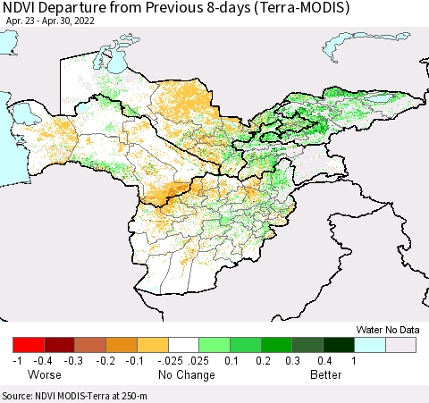 Central Asia NDVI Departure from Previous 8-days (Terra-MODIS) Thematic Map For 4/23/2022 - 4/30/2022
