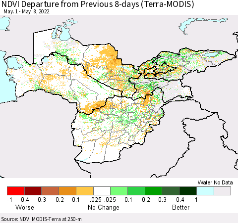 Central Asia NDVI Departure from Previous 8-days (Terra-MODIS) Thematic Map For 5/1/2022 - 5/8/2022