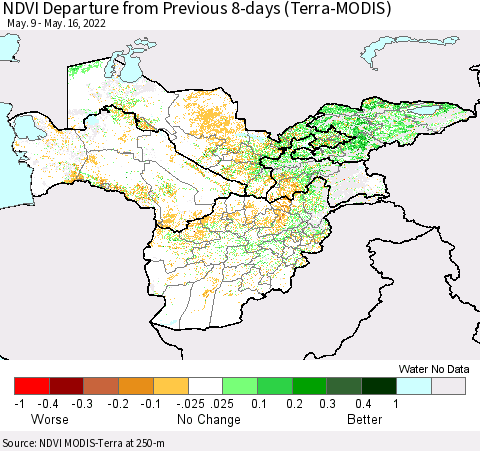Central Asia NDVI Departure from Previous 8-days (Terra-MODIS) Thematic Map For 5/9/2022 - 5/16/2022