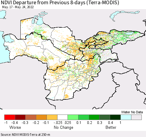 Central Asia NDVI Departure from Previous 8-days (Terra-MODIS) Thematic Map For 5/17/2022 - 5/24/2022