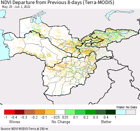 Central Asia NDVI Departure from Previous 8-days (Terra-MODIS) Thematic Map For 5/25/2022 - 6/1/2022