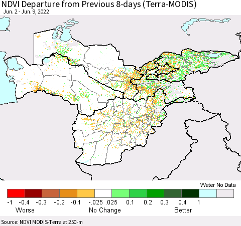 Central Asia NDVI Departure from Previous 8-days (Terra-MODIS) Thematic Map For 6/2/2022 - 6/9/2022