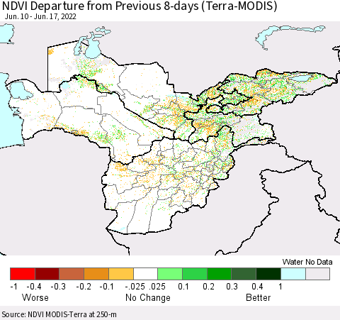 Central Asia NDVI Departure from Previous 8-days (Terra-MODIS) Thematic Map For 6/10/2022 - 6/17/2022