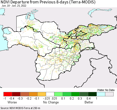 Central Asia NDVI Departure from Previous 8-days (Terra-MODIS) Thematic Map For 6/18/2022 - 6/25/2022