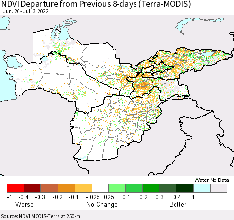 Central Asia NDVI Departure from Previous 8-days (Terra-MODIS) Thematic Map For 6/26/2022 - 7/3/2022