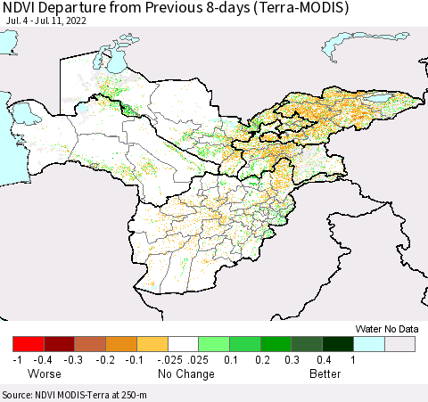 Central Asia NDVI Departure from Previous 8-days (Terra-MODIS) Thematic Map For 7/4/2022 - 7/11/2022