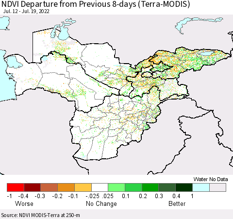 Central Asia NDVI Departure from Previous 8-days (Terra-MODIS) Thematic Map For 7/12/2022 - 7/19/2022