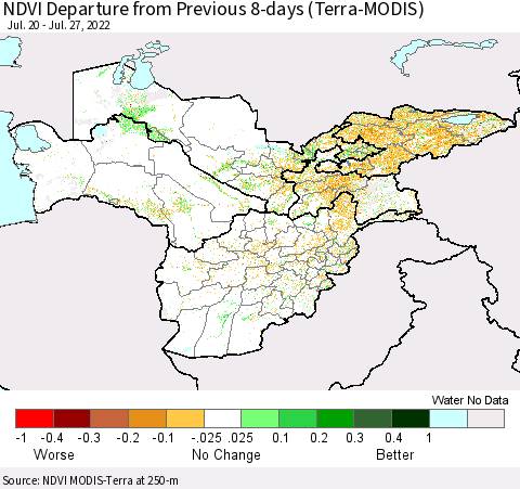 Central Asia NDVI Departure from Previous 8-days (Terra-MODIS) Thematic Map For 7/20/2022 - 7/27/2022