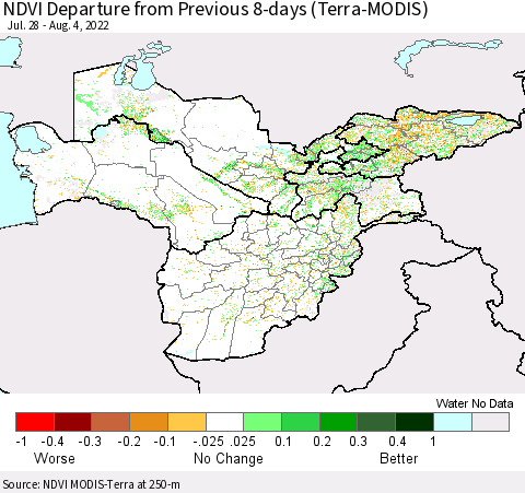 Central Asia NDVI Departure from Previous 8-days (Terra-MODIS) Thematic Map For 7/28/2022 - 8/4/2022
