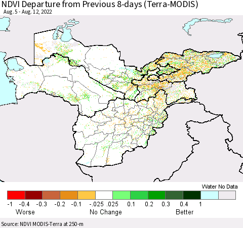 Central Asia NDVI Departure from Previous 8-days (Terra-MODIS) Thematic Map For 8/5/2022 - 8/12/2022