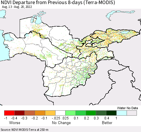 Central Asia NDVI Departure from Previous 8-days (Terra-MODIS) Thematic Map For 8/13/2022 - 8/20/2022