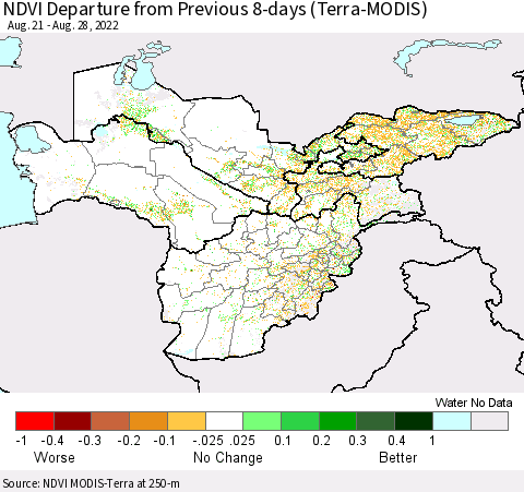 Central Asia NDVI Departure from Previous 8-days (Terra-MODIS) Thematic Map For 8/21/2022 - 8/28/2022