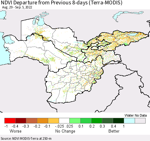 Central Asia NDVI Departure from Previous 8-days (Terra-MODIS) Thematic Map For 8/29/2022 - 9/5/2022