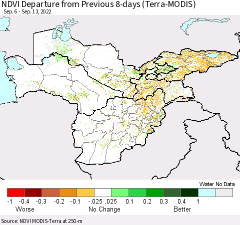 Central Asia NDVI Departure from Previous 8-days (Terra-MODIS) Thematic Map For 9/6/2022 - 9/13/2022