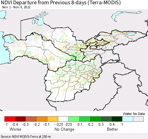 Central Asia NDVI Departure from Previous 8-days (Terra-MODIS) Thematic Map For 11/1/2022 - 11/8/2022
