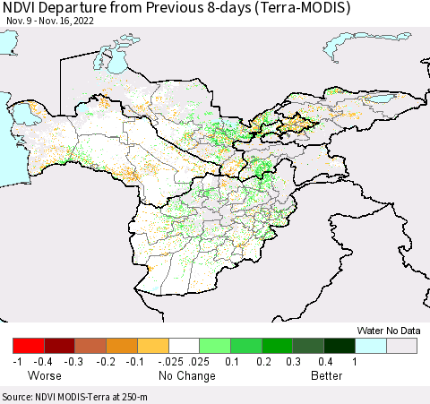 Central Asia NDVI Departure from Previous 8-days (Terra-MODIS) Thematic Map For 11/9/2022 - 11/16/2022