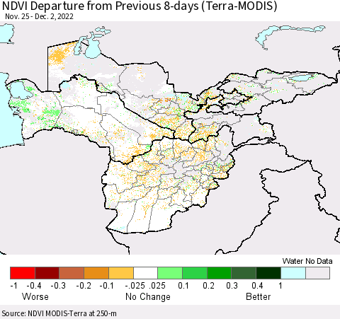 Central Asia NDVI Departure from Previous 8-days (Terra-MODIS) Thematic Map For 11/25/2022 - 12/2/2022