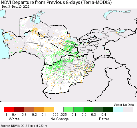Central Asia NDVI Departure from Previous 8-days (Terra-MODIS) Thematic Map For 12/3/2022 - 12/10/2022