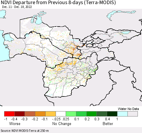 Central Asia NDVI Departure from Previous 8-days (Terra-MODIS) Thematic Map For 12/11/2022 - 12/18/2022