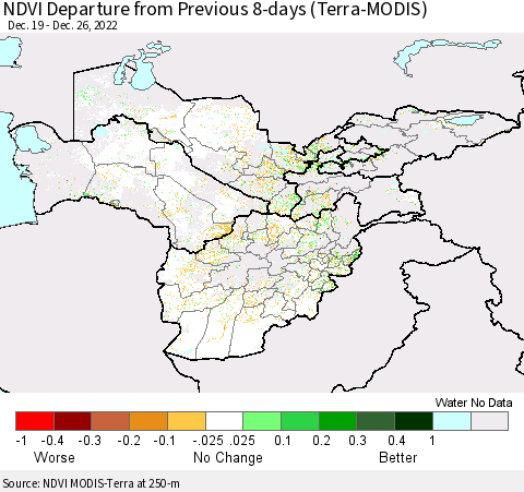 Central Asia NDVI Departure from Previous 8-days (Terra-MODIS) Thematic Map For 12/19/2022 - 12/26/2022