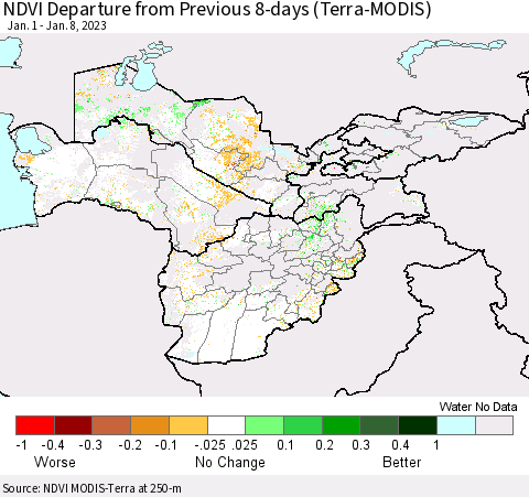Central Asia NDVI Departure from Previous 8-days (Terra-MODIS) Thematic Map For 1/1/2023 - 1/8/2023