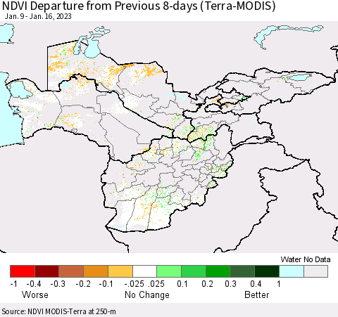 Central Asia NDVI Departure from Previous 8-days (Terra-MODIS) Thematic Map For 1/9/2023 - 1/16/2023