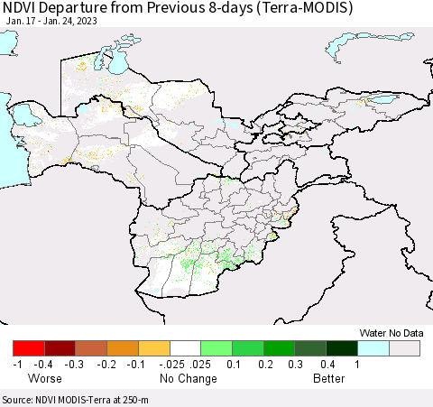 Central Asia NDVI Departure from Previous 8-days (Terra-MODIS) Thematic Map For 1/17/2023 - 1/24/2023