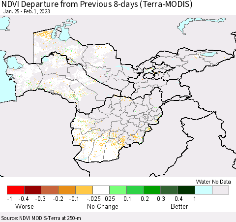 Central Asia NDVI Departure from Previous 8-days (Terra-MODIS) Thematic Map For 1/25/2023 - 2/1/2023