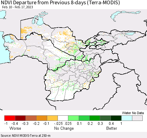 Central Asia NDVI Departure from Previous 8-days (Terra-MODIS) Thematic Map For 2/10/2023 - 2/17/2023