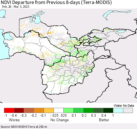 Central Asia NDVI Departure from Previous 8-days (Terra-MODIS) Thematic Map For 2/26/2023 - 3/5/2023