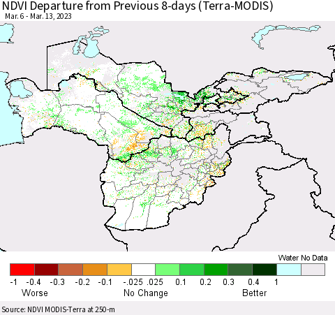 Central Asia NDVI Departure from Previous 8-days (Terra-MODIS) Thematic Map For 3/6/2023 - 3/13/2023