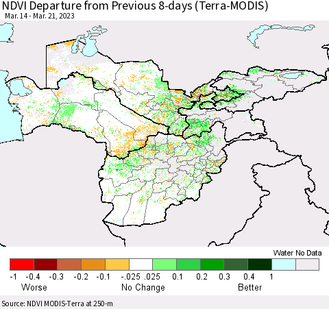 Central Asia NDVI Departure from Previous 8-days (Terra-MODIS) Thematic Map For 3/14/2023 - 3/21/2023